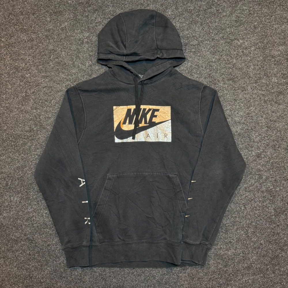 Nike Air Hoodie Mens Small Black Gold Silver Box Logo Pullover Sweatshirt